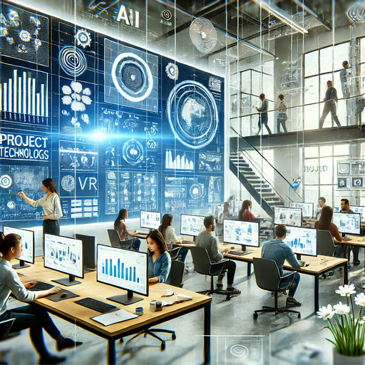 Welcome to Never Limited's innovative project workspace! This sleek and modern environment showcases our commitment to fostering creativity and collaboration through technology. Diverse teams are seen working on cutting-edge projects, utilizing advanced tools like AI and VR to drive innovation. The bright and inspiring setting, complete with whiteboards, sticky notes, and digital screens displaying project plans and data analytics, reflects our forward-thinking approach. This high-energy workspace is dedicated to providing hands-on experience and practical skills, preparing participants for success in the rapidly evolving digital economy.